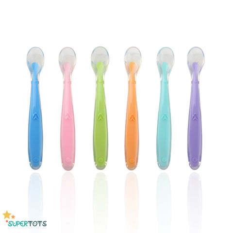 SuperTots Soft Silicone Spoon Set containing 6 spoons, blue, pink, green, orange, teal and purple
