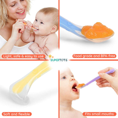 Food grade BPA-free SuperTots soft silicone spoon set being used to feed babies and also being bent to show flexibility