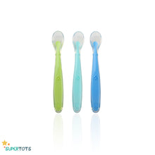 Load image into Gallery viewer, SuperTots Soft Silicone Spoon Set containing 3 spoons, green, teal and blue
