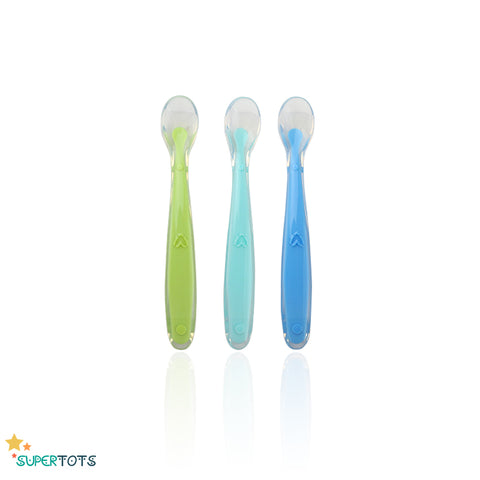 SuperTots Soft Silicone Spoon Set containing 3 spoons, green, teal and blue