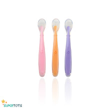 Load image into Gallery viewer, SuperTots Soft Silicone Spoon Set containing 3 spoons, pink, orange and purple
