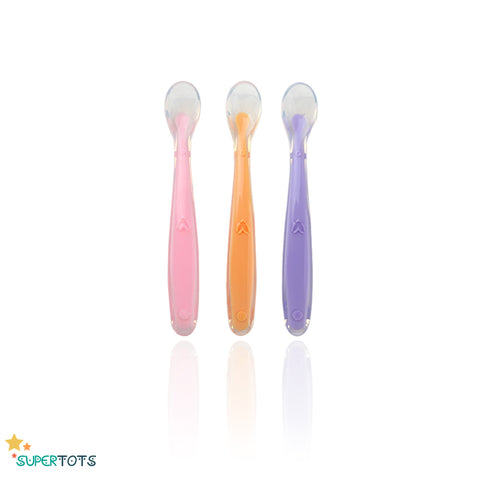 SuperTots Soft Silicone Spoon Set containing 3 spoons, pink, orange and purple