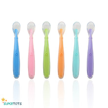 Load image into Gallery viewer, SuperTots Soft Silicone Spoon Set containing 6 spoons, blue, pink, green, orange, teal and purple

